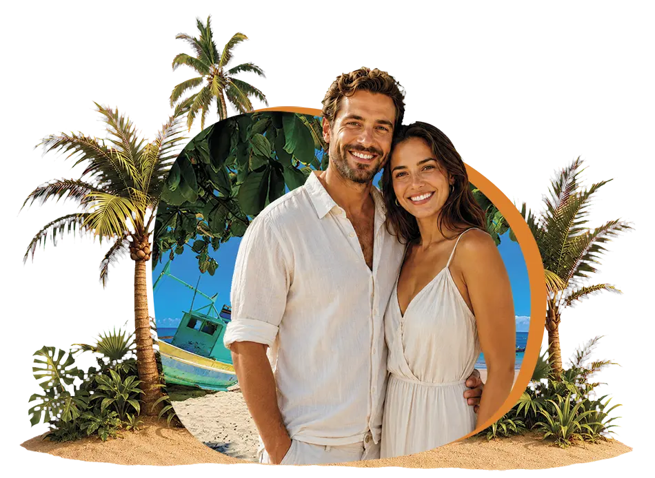 Casal de turistas sorrindo em cenário tropical de Porto Seguro