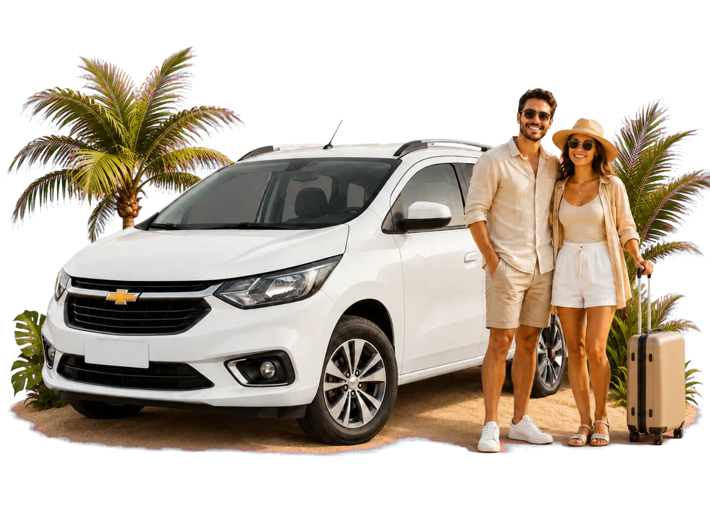 Casal de turistas com bagagem ao lado de uma Chevrolet Spin em Porto Seguro